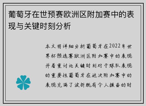 葡萄牙在世预赛欧洲区附加赛中的表现与关键时刻分析