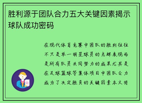 胜利源于团队合力五大关键因素揭示球队成功密码