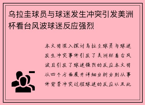 乌拉圭球员与球迷发生冲突引发美洲杯看台风波球迷反应强烈